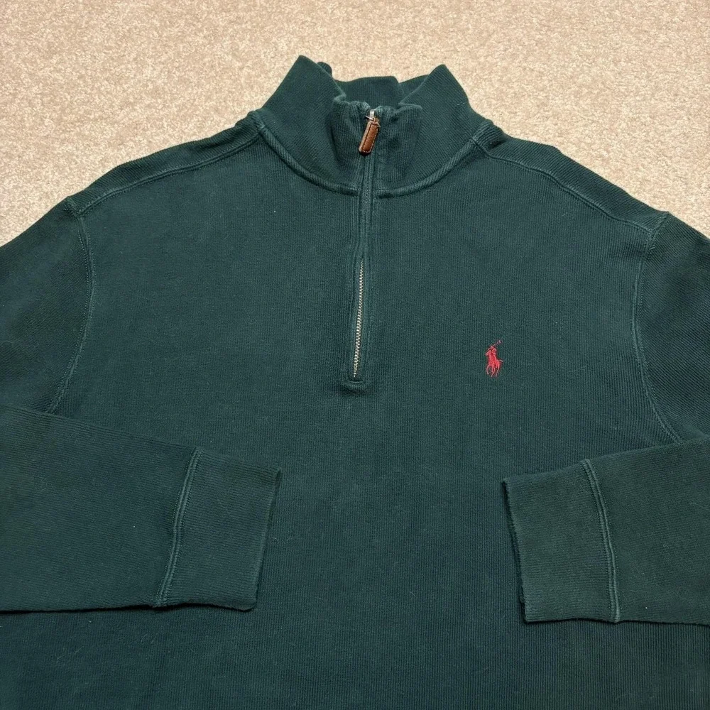 Vtg Polo By Ralph Lauren Sweater Mens Medium Green 1/4 Zip Mock Neck Cotton Pony